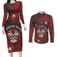 Personalised Easter Island Couples Matching Long Sleeve Bodycon Dress and Long Sleeve Button Shirt Hibiscus Polynesian Tribal Pattern DT05 Black - Polynesian Pride