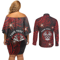 Personalised Easter Island Couples Matching Off Shoulder Short Dress and Long Sleeve Button Shirt Hibiscus Polynesian Tribal Pattern DT05 - Polynesian Pride