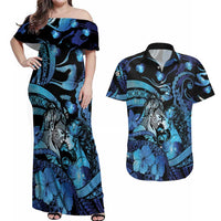 Personalised Maori Romantic Valentine Couples Matching Off Shoulder Maxi Dress and Hawaiian Shirt The Hongi Kiss Blue Galaxy