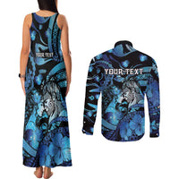 Personalised Maori Romantic Valentine Couples Matching Tank Maxi Dress and Long Sleeve Button Shirt The Hongi Kiss Blue Galaxy