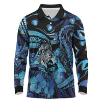 Personalised Maori Romantic Valentine Long Sleeve Polo Shirt The Hongi Kiss Blue Galaxy DT05 Blue - Polynesian Pride
