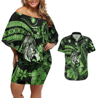 Personalised Maori Romantic Valentine Couples Matching Off Shoulder Short Dress and Hawaiian Shirt The Hongi Kiss Green Galaxy