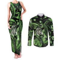 Personalised Maori Romantic Valentine Couples Matching Tank Maxi Dress and Long Sleeve Button Shirt The Hongi Kiss Green Galaxy