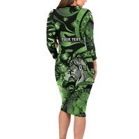 Personalised Maori Romantic Valentine Family Matching Long Sleeve Bodycon Dress and Hawaiian Shirt The Hongi Kiss Green Galaxy