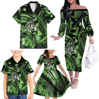 Personalised Maori Romantic Valentine Family Matching Off The Shoulder Long Sleeve Dress and Hawaiian Shirt The Hongi Kiss Green Galaxy