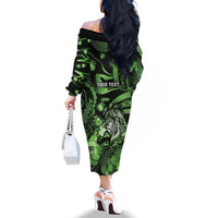 Personalised Maori Romantic Valentine Family Matching Off The Shoulder Long Sleeve Dress and Hawaiian Shirt The Hongi Kiss Green Galaxy