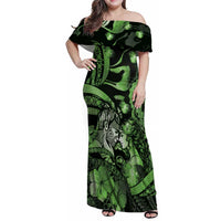 Personalised Maori Romantic Valentine Family Matching Off Shoulder Maxi Dress and Hawaiian Shirt The Hongi Kiss Green Galaxy