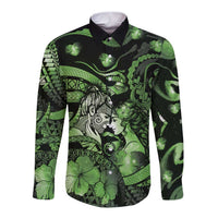 Personalised Maori Romantic Valentine Long Sleeve Button Shirt The Hongi Kiss Green Galaxy DT05 Unisex Green - Polynesian Pride