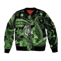 Personalised Maori Romantic Valentine Sleeve Zip Bomber Jacket The Hongi Kiss Green Galaxy DT05 Unisex Green - Polynesian Pride