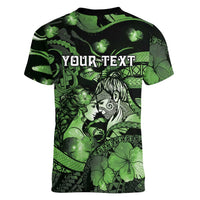 Personalised Maori Romantic Valentine Women V-Neck T-Shirt The Hongi Kiss Green Galaxy