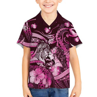 Personalised Maori Romantic Valentine Family Matching Off The Shoulder Long Sleeve Dress and Hawaiian Shirt The Hongi Kiss Pink Galaxy