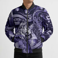 Personalised Maori Romantic Valentine Bomber Puffer Jacket The Hongi Kiss Purple Galaxy DT05 - Polynesian Pride