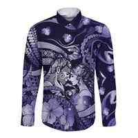 Personalised Maori Romantic Valentine Long Sleeve Button Shirt The Hongi Kiss Purple Galaxy DT05 Unisex Purple - Polynesian Pride