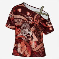 Personalised Maori Romantic Valentine Cross Shoulder Shirt The Hongi Kiss Red Galaxy DT05 Female Red - Polynesian Pride