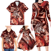 Personalised Maori Romantic Valentine Family Matching Long Sleeve Bodycon Dress and Hawaiian Shirt The Hongi Kiss Red Galaxy
