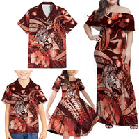 Personalised Maori Romantic Valentine Family Matching Off Shoulder Maxi Dress and Hawaiian Shirt The Hongi Kiss Red Galaxy