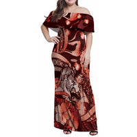 Personalised Maori Romantic Valentine Family Matching Off Shoulder Maxi Dress and Hawaiian Shirt The Hongi Kiss Red Galaxy