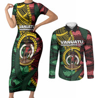 Personalised Vanuatu Independence Day Couples Matching Short Sleeve Bodycon Dress and Long Sleeve Button Shirt Boar Tusk Warrior Tribal Floral Patterns DT05 Multicolor - Polynesian Pride