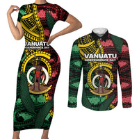 Personalised Vanuatu Independence Day Couples Matching Short Sleeve Bodycon Dress and Long Sleeve Button Shirt Boar Tusk Warrior Tribal Floral Patterns
