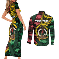Personalised Vanuatu Independence Day Couples Matching Short Sleeve Bodycon Dress and Long Sleeve Button Shirt Boar Tusk Warrior Tribal Floral Patterns