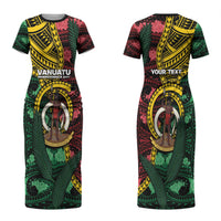 Personalised Vanuatu Independence Day Couples Matching Short Sleeve Bodycon Dress and Long Sleeve Button Shirt Boar Tusk Warrior Tribal Floral Patterns DT05 - Polynesian Pride