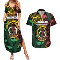Personalised Vanuatu Independence Day Couples Matching Summer Maxi Dress and Hawaiian Shirt Boar Tusk Warrior Tribal Floral Patterns