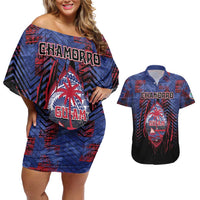 Personalised Guam Couples Matching Off Shoulder Short Dress and Hawaiian Shirt Chamorro Seal Tribal Scratch Design DT05 Navy - Polynesian Pride