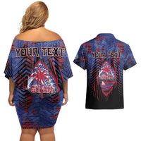 Personalised Guam Couples Matching Off Shoulder Short Dress and Hawaiian Shirt Chamorro Seal Tribal Scratch Design DT05 - Polynesian Pride