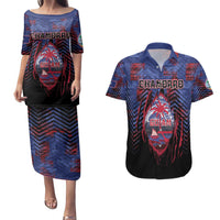 Personalised Guam Couples Matching Puletasi and Hawaiian Shirt Chamorro Seal Tribal Scratch Design DT05 Navy - Polynesian Pride