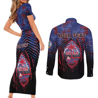 Personalised Guam Couples Matching Short Sleeve Bodycon Dress and Long Sleeve Button Shirt Chamorro Seal Tribal Scratch Design - Polynesian Pride