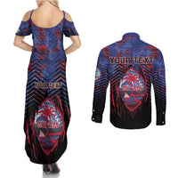 Personalised Guam Couples Matching Summer Maxi Dress and Long Sleeve Button Shirt Chamorro Seal Tribal Scratch Design - Polynesian Pride