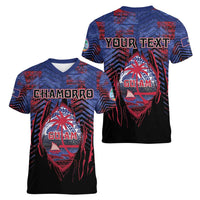 Personalised Guam Women V-Neck T-Shirt Chamorro Seal Tribal Scratch Design - Polynesian Pride