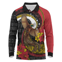 Personalised Papua New Guinea Language Week Long Sleeve Polo Shirt Bird Of Paradise Tribal Floral Pattern DT05 Black - Polynesian Pride