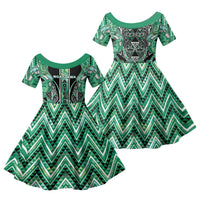 Aotearoa Ngati Awa Family Matching Off The Shoulder Long Sleeve Dress and Hawaiian Shirt Maori Tribal Green Marble Paua Shell Pattern DT05 Daughter's Dress Green - Polynesian Pride