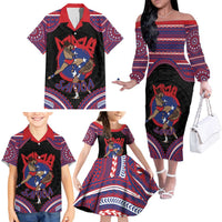 Personalised Samoa Mixed Martial Arts Family Matching Off The Shoulder Long Sleeve Dress and Hawaiian Shirt Flying Knee Of Samoan - Polynesian Pride