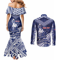 Personalised Samoa Rugby Couples Matching Mermaid Dress and Long Sleeve Button Shirt Pacific Warrior Glory - Polynesian Pride