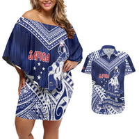 Personalised Samoa Rugby Couples Matching Off Shoulder Short Dress and Hawaiian Shirt Pacific Warrior Glory - Polynesian Pride
