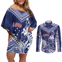 Personalised Samoa Rugby Couples Matching Off Shoulder Short Dress and Long Sleeve Button Shirt Pacific Warrior Glory - Polynesian Pride