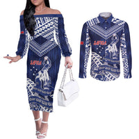 Personalised Samoa Rugby Couples Matching Off The Shoulder Long Sleeve Dress and Long Sleeve Button Shirt Pacific Warrior Glory - Polynesian Pride