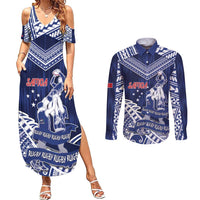 Personalised Samoa Rugby Couples Matching Summer Maxi Dress and Long Sleeve Button Shirt Pacific Warrior Glory - Polynesian Pride