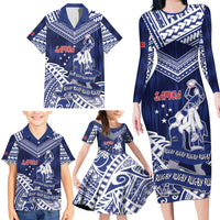 Personalised Samoa Rugby Family Matching Long Sleeve Bodycon Dress and Hawaiian Shirt Pacific Warrior Glory - Polynesian Pride