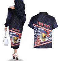 Personalized American Samoa Couples Matching Off The Shoulder Long Sleeve Dress and Hawaiian Shirt Bald Eagle With Polynesian Pattern - Polynesian Pride