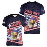 Personalized American Samoa Women V-Neck T-Shirt Bald Eagle With Polynesian Pattern - Polynesian Pride