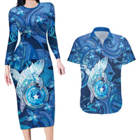 Personalised Northern Mariana Islands Couples Matching Long Sleeve Bodycon Dress and Hawaiian Shirt Galaxy Polynesian Shark Tattoo - Polynesian Pride