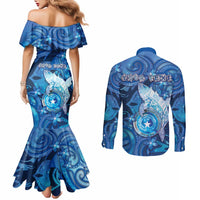 Personalised Northern Mariana Islands Couples Matching Mermaid Dress and Long Sleeve Button Shirt Galaxy Polynesian Shark Tattoo - Polynesian Pride