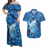Personalised Northern Mariana Islands Couples Matching Off Shoulder Maxi Dress and Hawaiian Shirt Galaxy Polynesian Shark Tattoo - Polynesian Pride