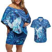 Personalised Northern Mariana Islands Couples Matching Off Shoulder Short Dress and Hawaiian Shirt Galaxy Polynesian Shark Tattoo - Polynesian Pride