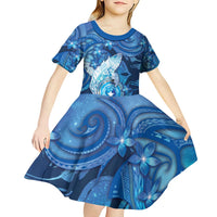 Personalised Northern Mariana Islands Kid Short Sleeve Dress Galaxy Polynesian Shark Tattoo - Polynesian Pride