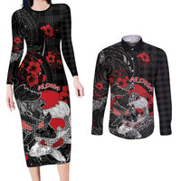Personalised Hawaiian And Japanese Couples Matching Long Sleeve Bodycon Dress and Long Sleeve Button Shirt Aloha Koi Fish Palaka Patterns - Polynesian Pride