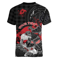 Personalised Hawaiian And Japanese Women V-Neck T-Shirt Aloha Koi Fish Palaka Patterns DT05 - Polynesian Pride